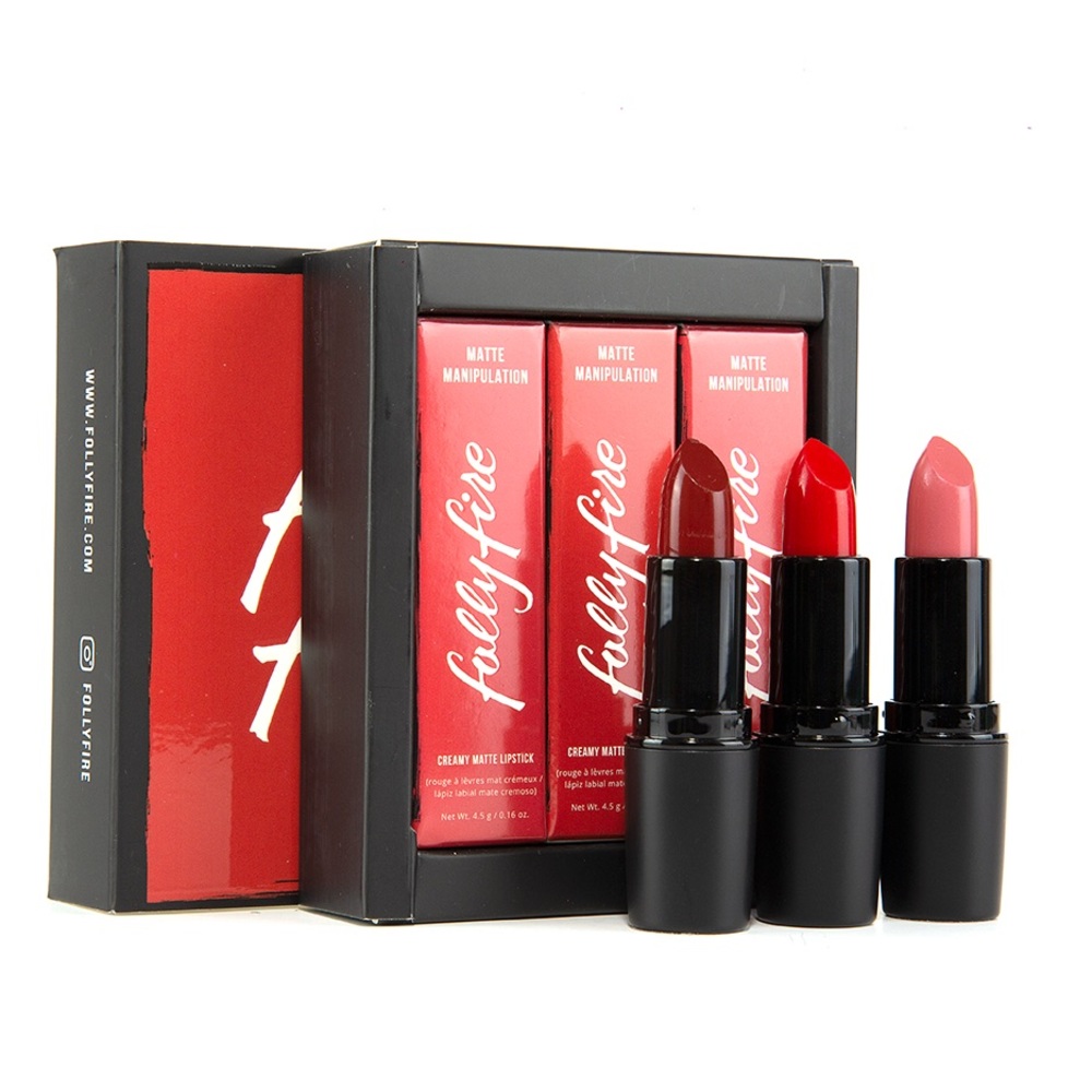 Folly Fire Creamy Matte Lipstick in Sunset Blvd, Full House & Here to Slay.